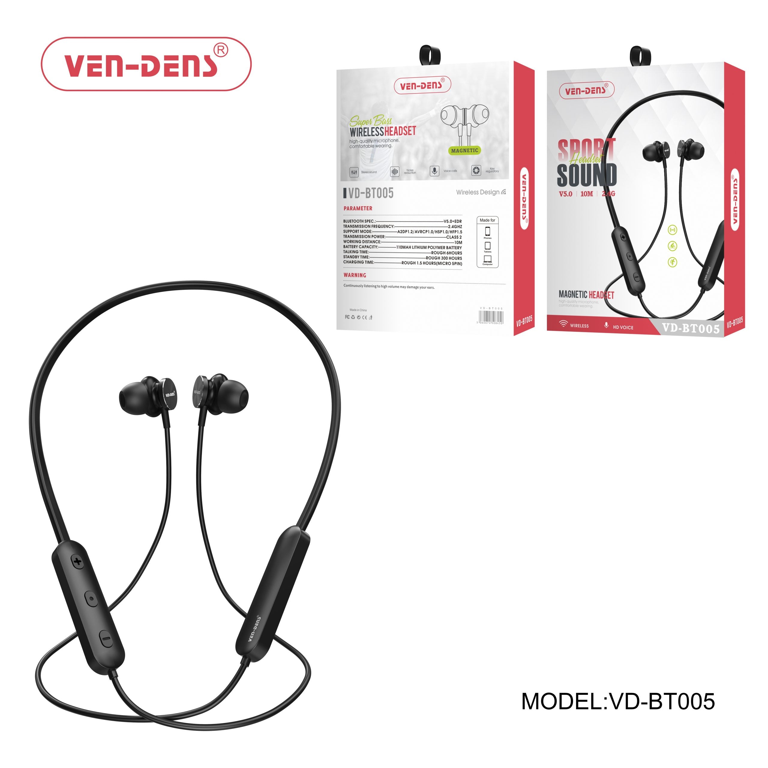 Ven-Dens VD-BT005 Wireless Magnetic Sports Sound Neck Headset